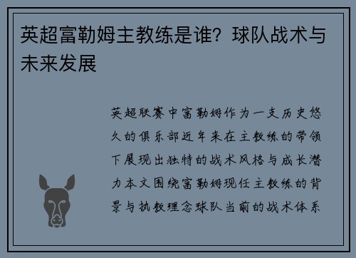 英超富勒姆主教练是谁？球队战术与未来发展