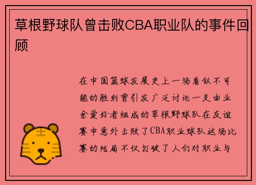 草根野球队曾击败CBA职业队的事件回顾
