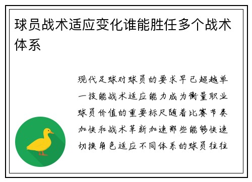 球员战术适应变化谁能胜任多个战术体系