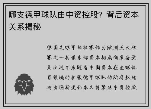 哪支德甲球队由中资控股？背后资本关系揭秘